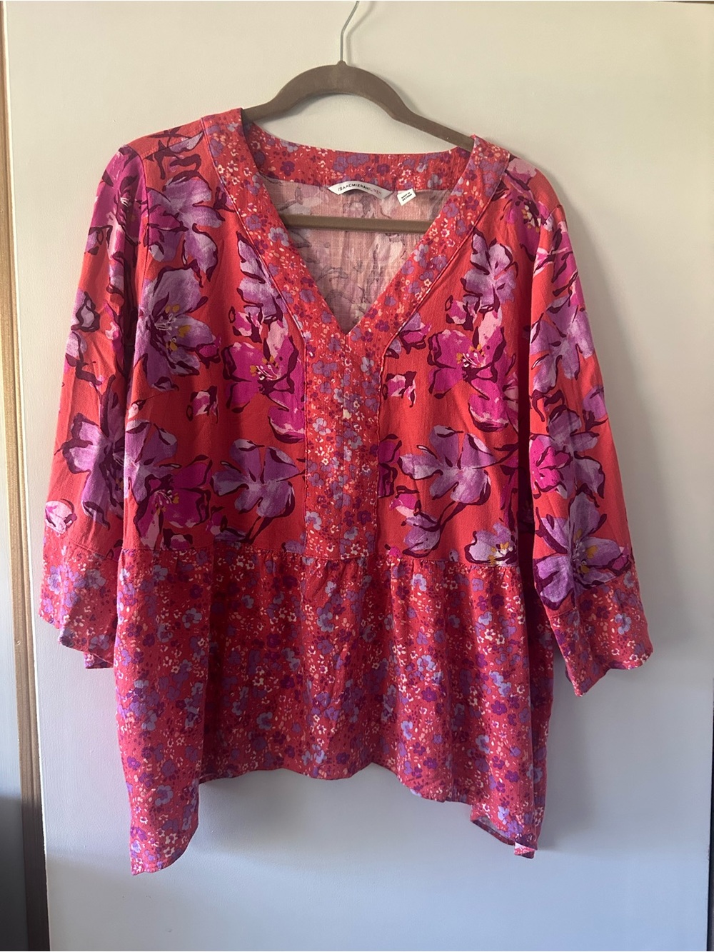 Belle by Kim Gravel Coral Tunic with Purple Floral Print